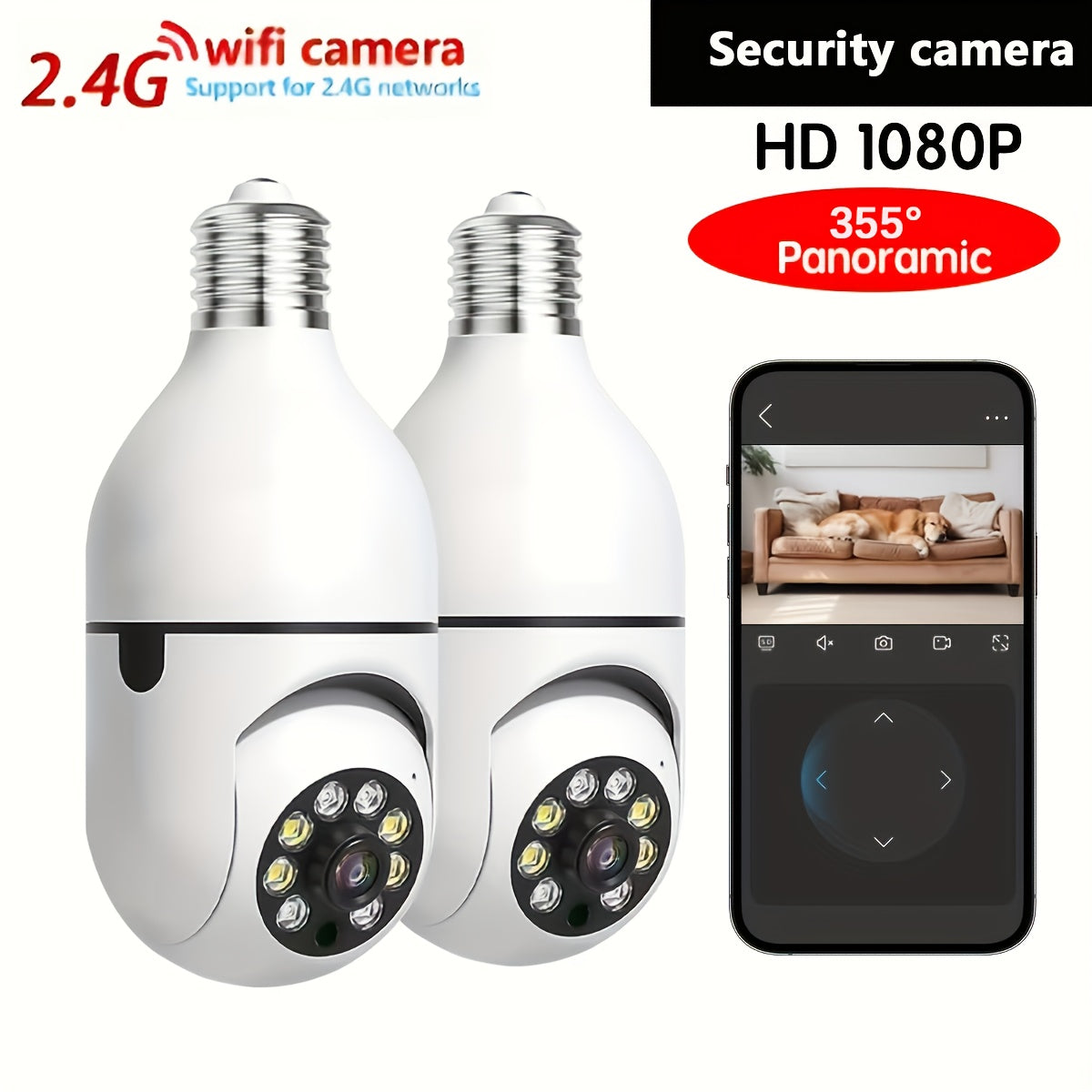 Upgrade your security with the 1080P HD Smart WiFi Light Bulb Camera! Featuring 355° PTZ, Motion Tracking, Two-Way Audio, Weatherproof design, Dual WiFi connectivity, and Alarm Notifications. This E27 Screw-In camera is the perfect security solution for