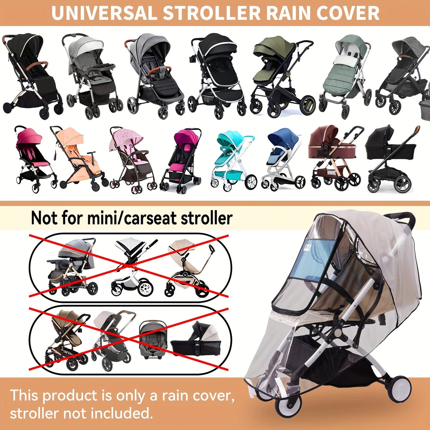 Protect your little one from the elements with the Stroller Rain Cover - a universal stroller accessory that shields your child from wind, rain, snow, and dust during travel. The waterproof and windproof design ensures your little one stays dry and cozy