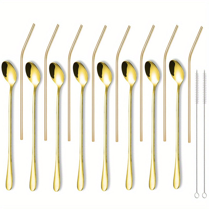 Set of 8 long-handle stainless steel spoons for stirring and mixing various beverages.