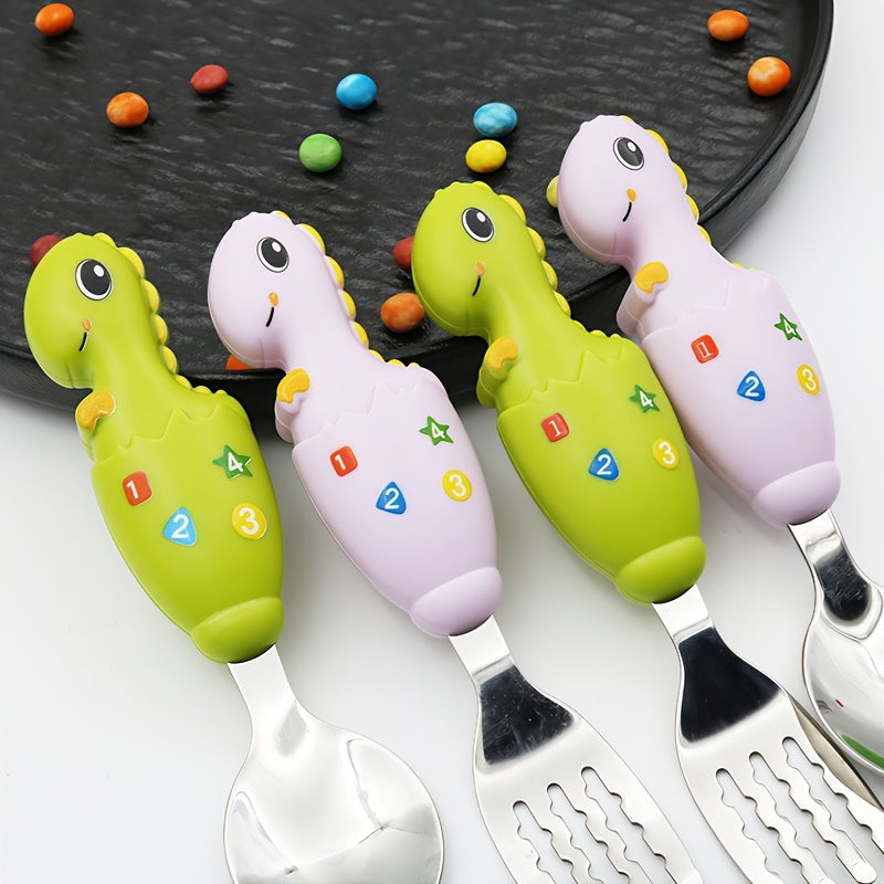 Youngsters dining set includes stainless steel fork and spoon with colorful dinosaur handles, making mealtime easy and kid-friendly.