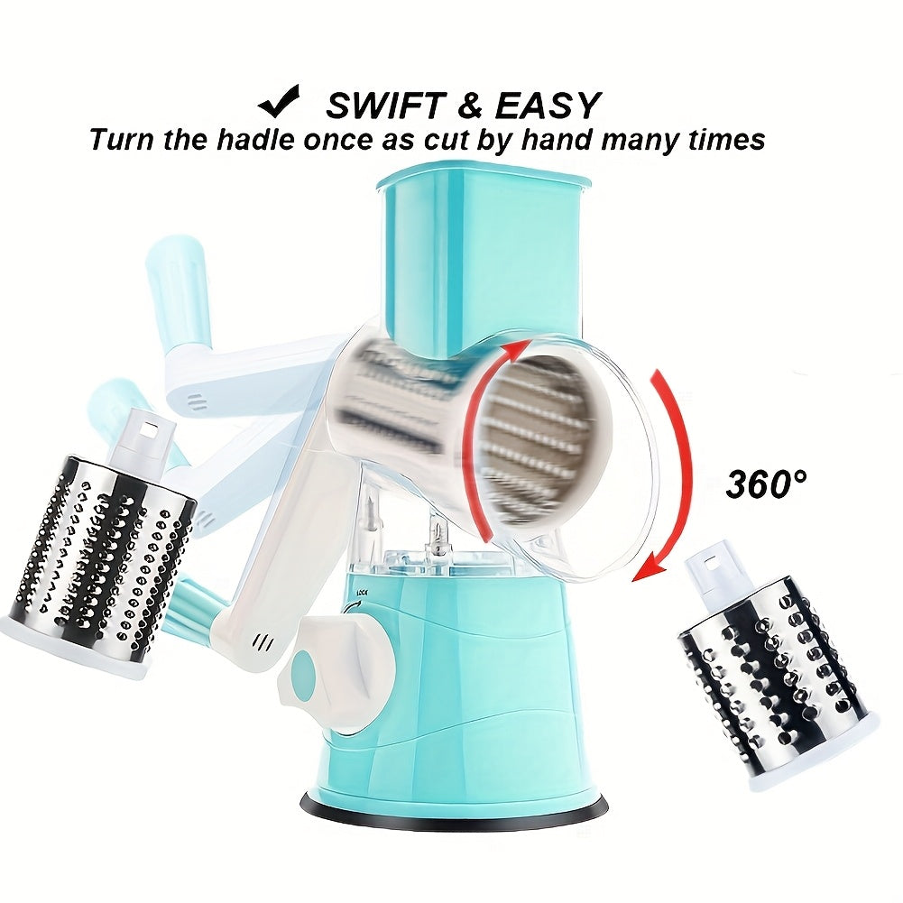 Three-in-One manual cheese and vegetable grater made of durable plastic with interchangeable shaving rollers, suitable for kitchen, camping, and RV use. Easy to use, rustproof, and easy to