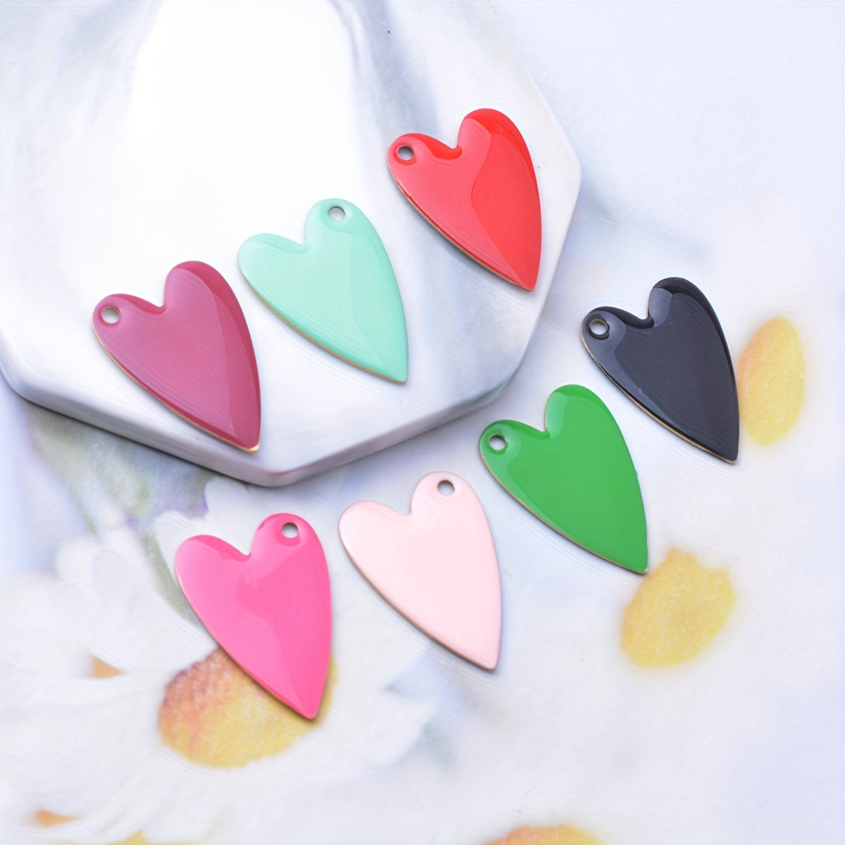 Six pieces of copper dual-sided enamel heart charms for creating DIY jewelry accessories, perfect for adding oil droplets with a non-fading design, ideal for a fashionable theme.