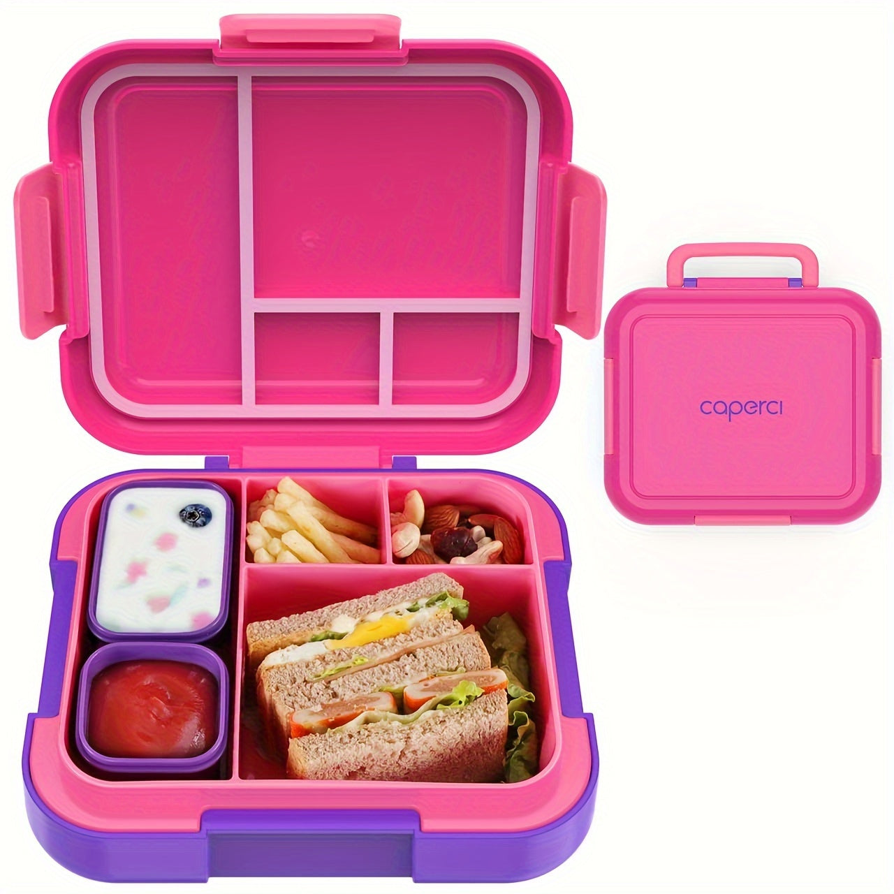 Caperci Large 4.8 Cup Bento Box in Pink - A Popular Choice for Leak-Proof Lunches on-the-Go! Features 4 Compartments, Dual Modular Containers, Portable Handle, Microwave/Dishwasher Safe, BPA-Free - Perfect for School, Work, Camping & Picnics