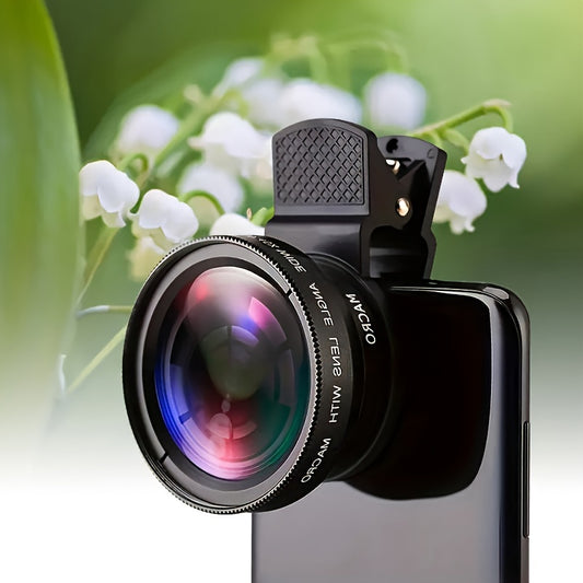 Dual smartphone camera lens kit includes super wide angle and macro lenses, made of ABS material and compatible with most smartphones.