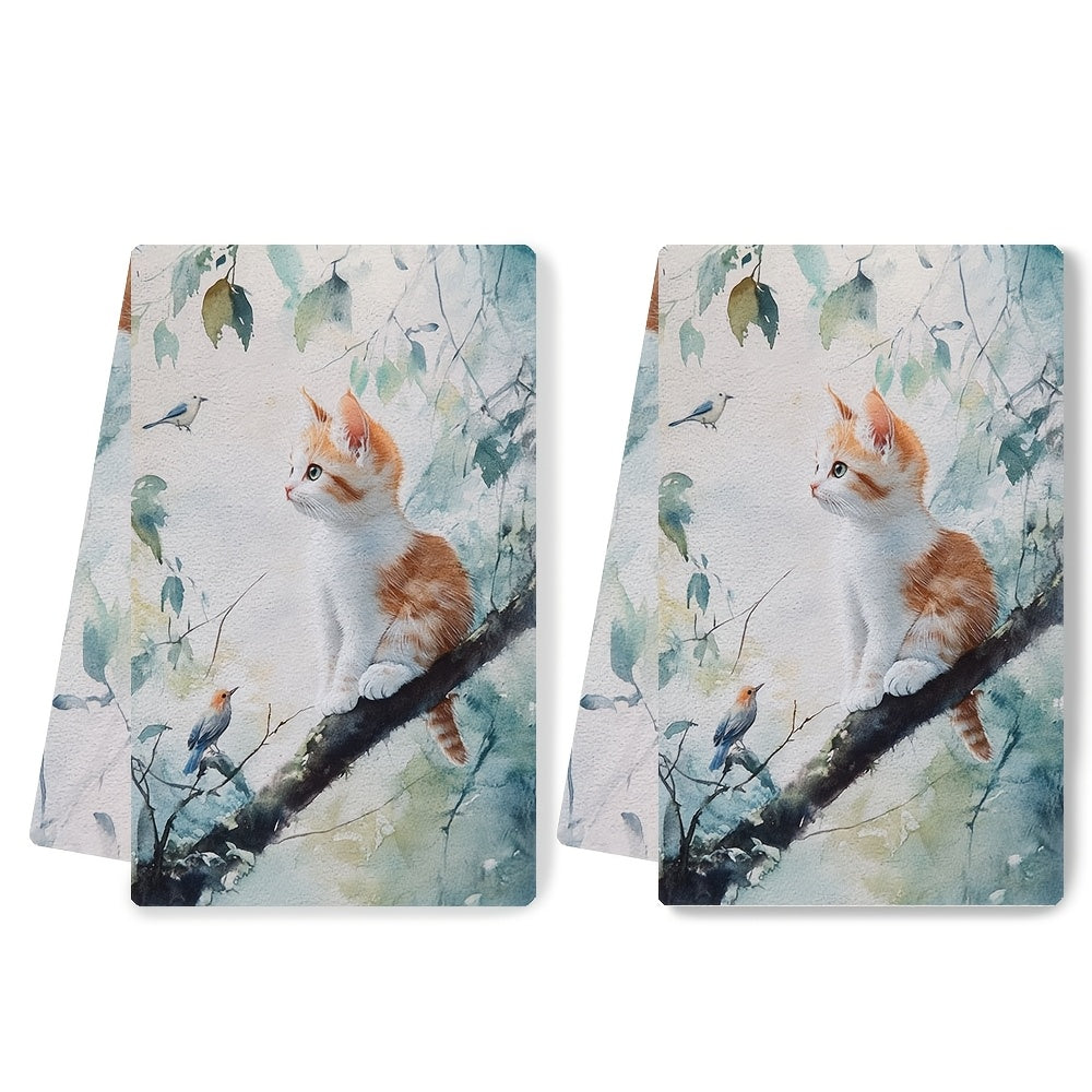 Set of 2 Ultra Soft Kitchen Towels featuring a Charming Kitten & Birds Design. Made of Highly Absorbent Polyester, these Dish Hand Towels are Machine Washable and Ideal for Holiday Decor. Each towel measures 40.64x60.96 cm.