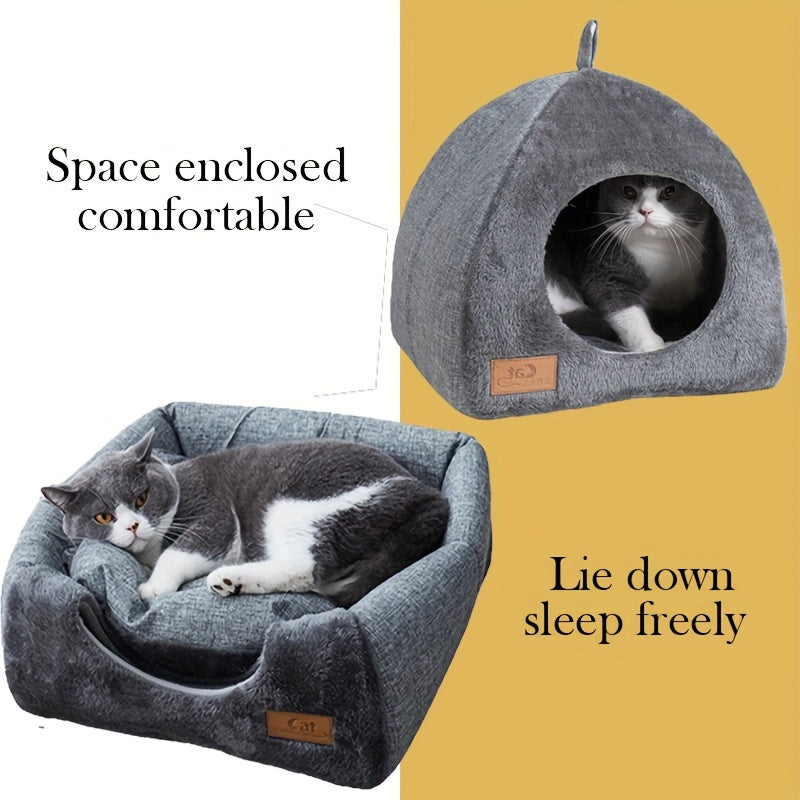 Foldable cozy cat cave bed with plush cushion pad.