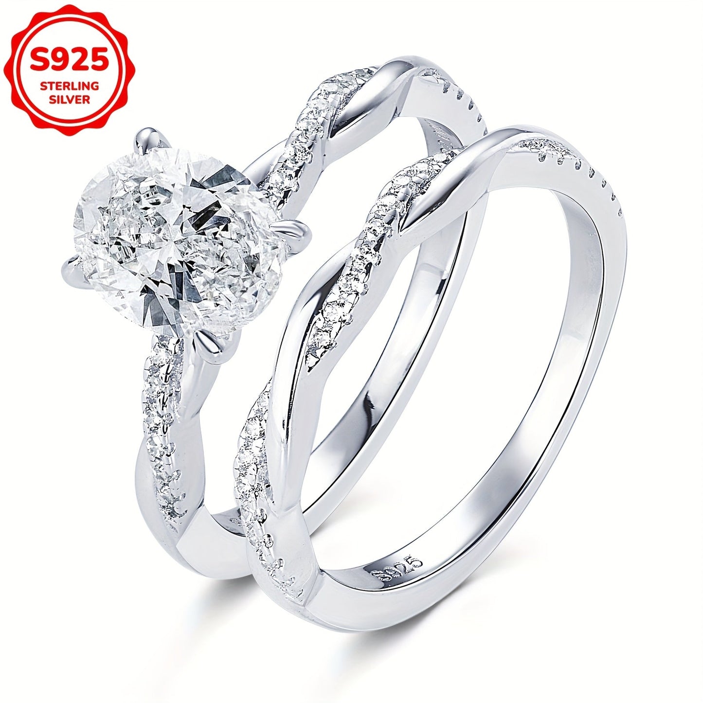 Weight: 5.48 grams, Main Stone: Oval 7x9mm Moissanite, Main Stone Weight: 2 carats, Set of 925 Pure Silver Women's Rings featuring a Moissanite main stone. The set includes a Moissanite Wedding Ring, Women's Wedding Ring, Engagement Ring with a twist arm