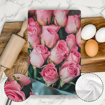 This set includes two ultra-soft kitchen towels with a charming Valentine's Day pink roses design. The towels are highly absorbent and perfect for drying dishes. They also make a great holiday decoration. The towels are machine washable and measure