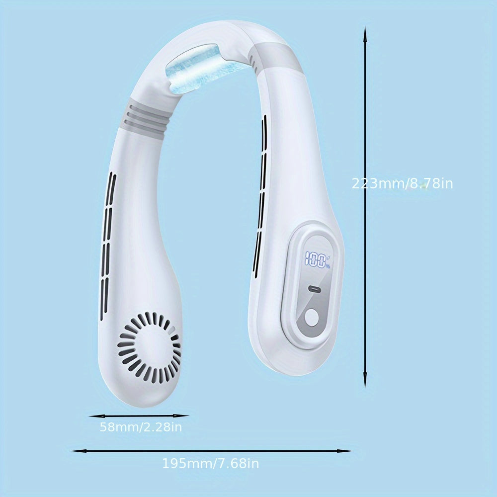 Portable Bladeless Neck Fan with High Velocity, USB Rechargeable and Button Control, Personal Cooling Device for Indoor and Outdoor Use, Quiet Operation with 3000mAh Lithium Battery.