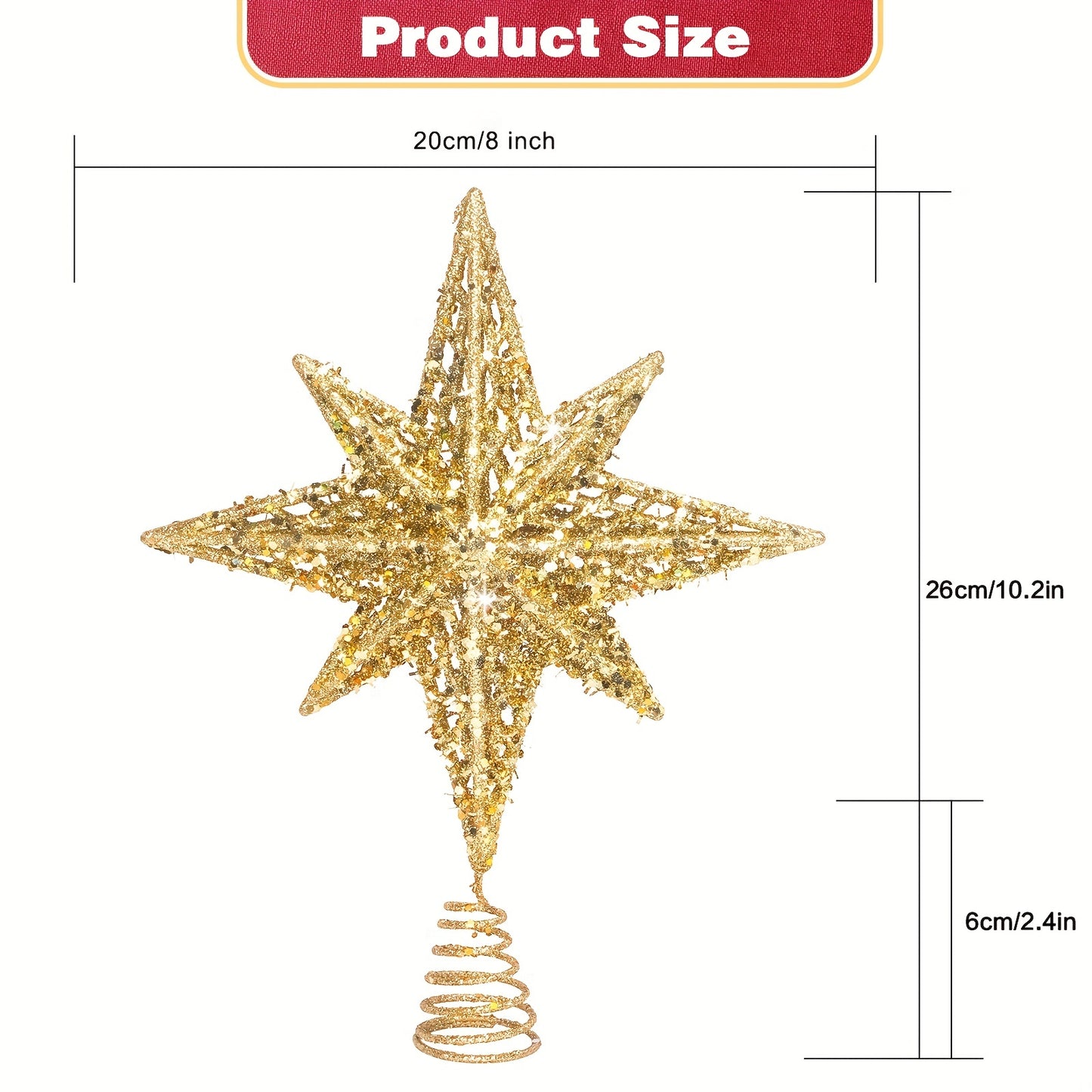 1pc 8 Inch Bethlehem Glitter Gold/Silver Star Christmas Tree Topper for Home Party Decorations.