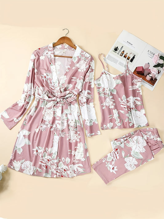 Floral print lounge set with cami top, belted robe, and pants for women.