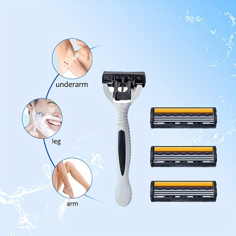 Men's manual razor with stainless steel blades, non-slip handle, and replacement heads. Ideal for beard and mustache grooming.