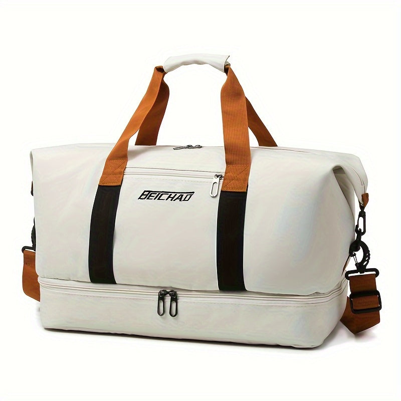 Spacious travel duffel bag with lightweight design, featuring durable zippers. Ideal for yoga, outdoor activities, and training.