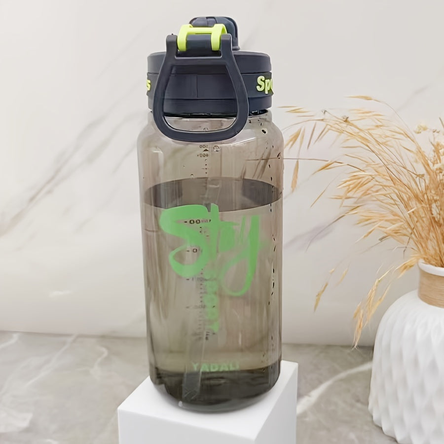 One leak-proof large capacity sports water bottle with straw, clear with "STAY HYDRATED" label, perfect for outdoor activities and fitness. Made of durable, portable, BPA-free plastic.