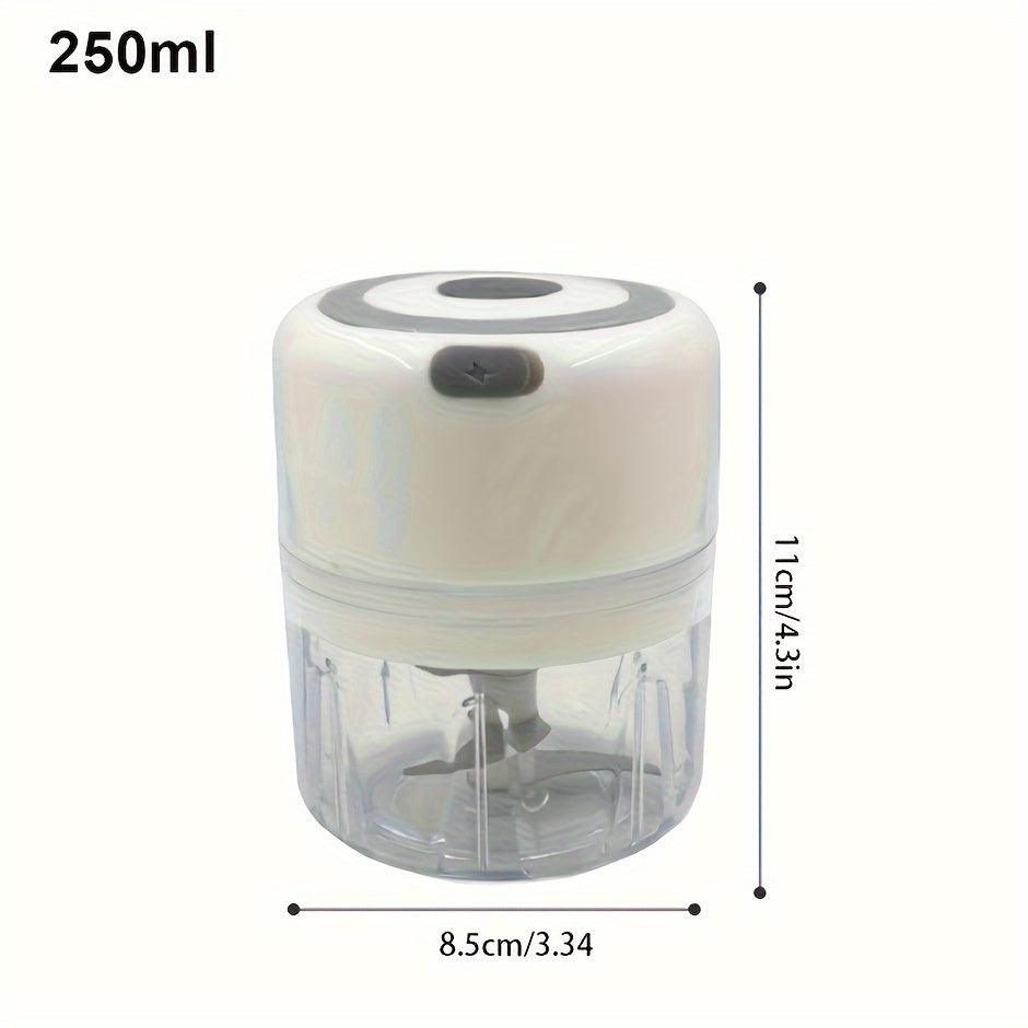 The RZSYZH Electric Mini Garlic Chopper is a convenient kitchen gadget with a 250ml capacity and USB rechargeable design. It features stainless steel square blades for efficient chopping of garlic, vegetables, nuts, and more. This portable food mincer is