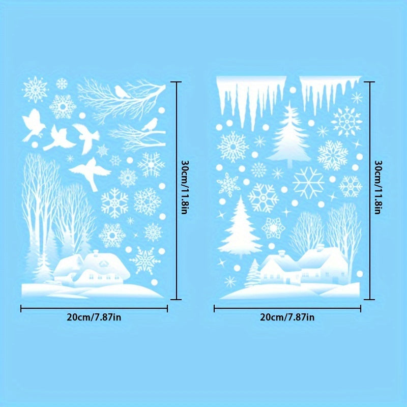 Christmas Forest Snow House Window Sticker Set with 74 Pieces, featuring Snowflake Wooden Houses for New Year and Christmas Decoration, creating a cozy Forest Cabin Atmosphere for the holiday season.