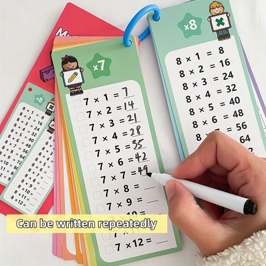 14pc Multiplication Flash Cards with Self-Check, Scoring, Storage Ring, and Dry Erase Markers - Great for Classroom or Home Learning, Perfect for Students.