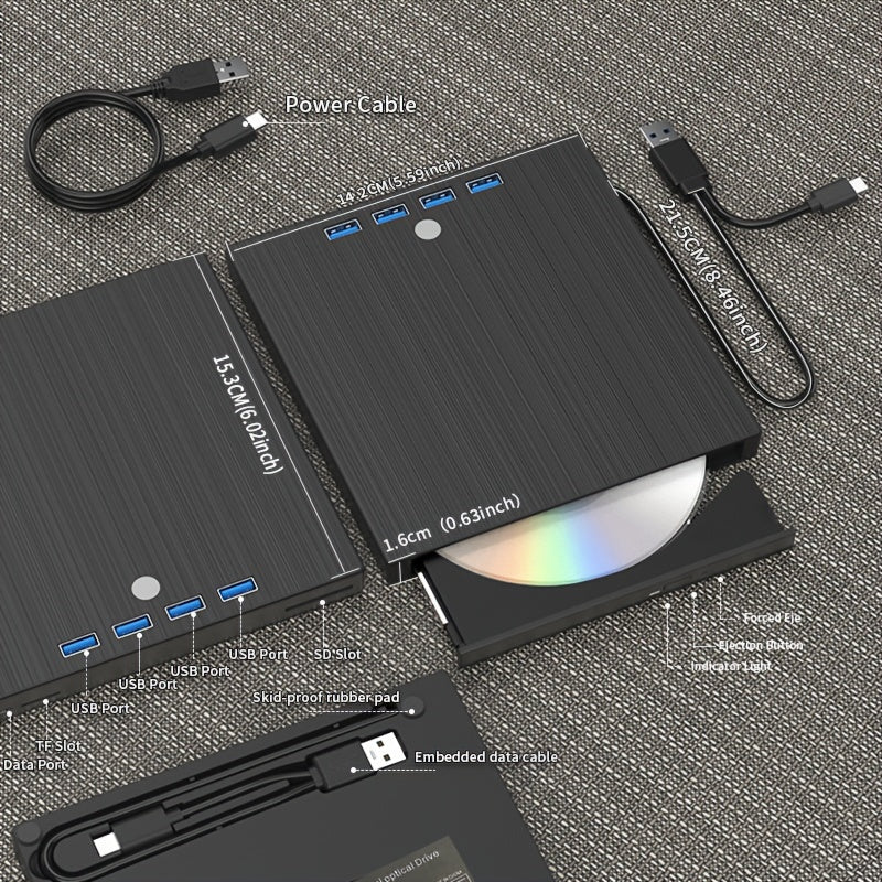 Compact portable DVD/CD drive with USB 3.0 & USB-C compatibility. Burn and play CDs/DVDs with ease on laptops, desktops, and all-in-one computers. Stylish black design for seamless media