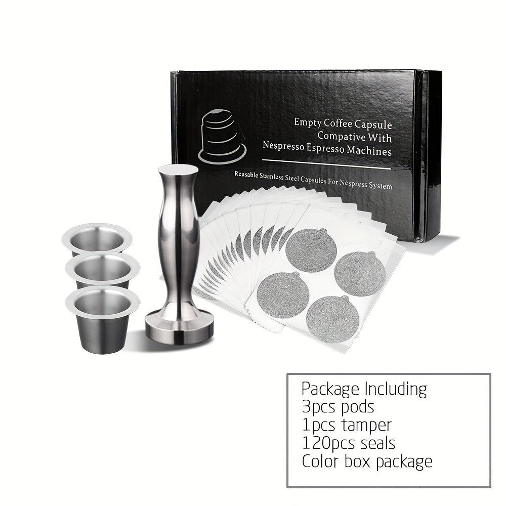 Refillable Coffee Pod Filters Set with Tamper - Stainless Steel Nespresso Compatible Coffee Capsules and Foil Seal Stickers