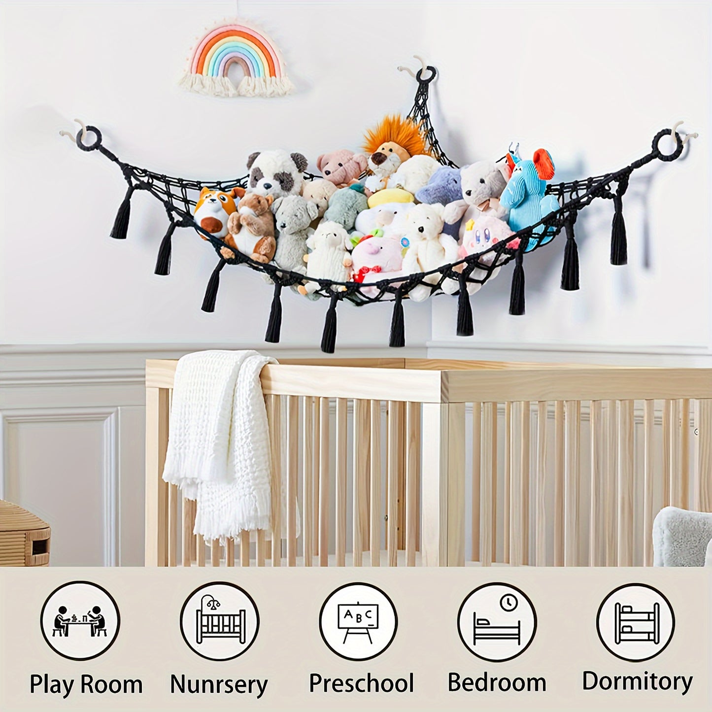 1Pack Macrame Hanging Net Hammock for Stuffed Animals - Storage Organizer for Toys and Aesthetic Room Decor