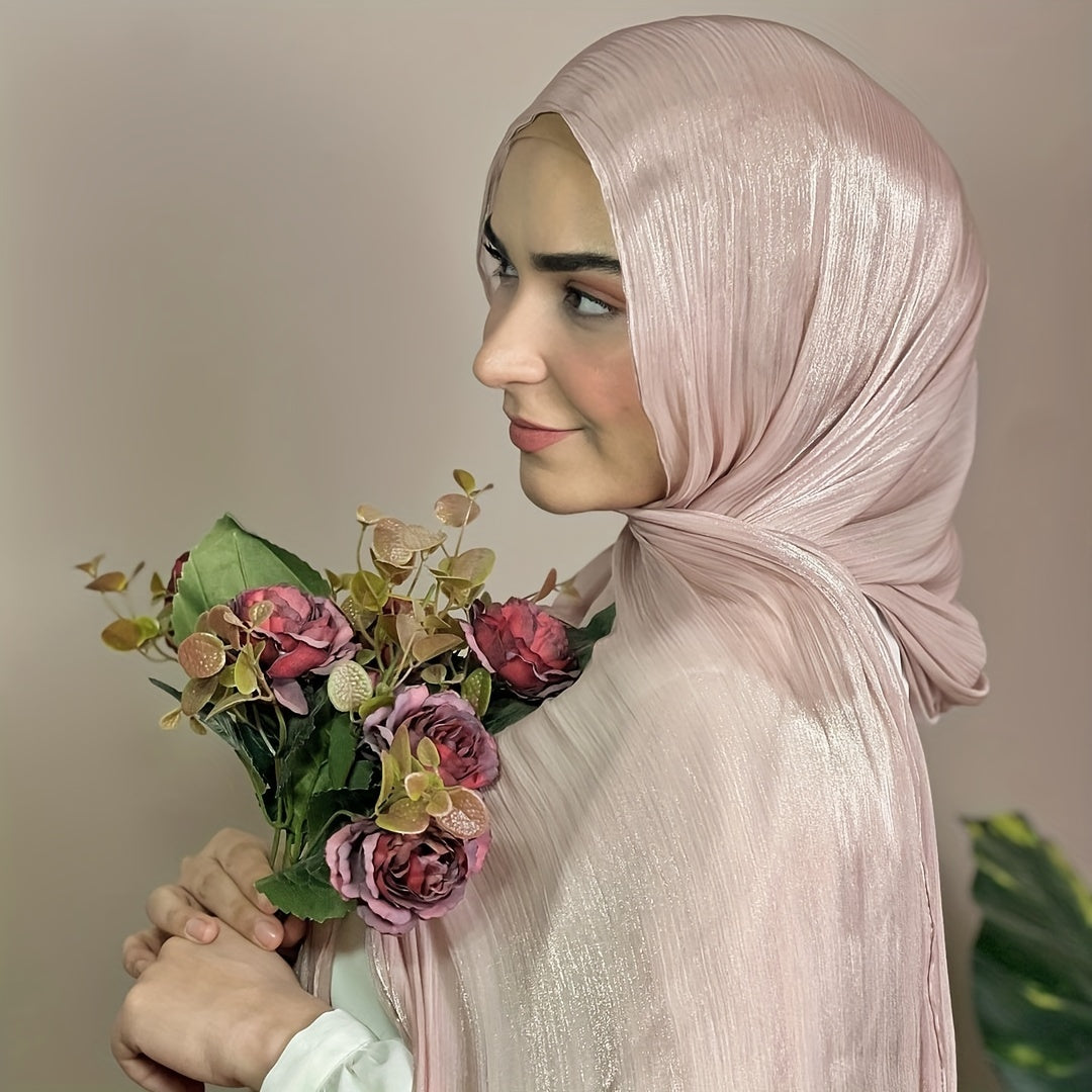 Pleated crinkled design hijab with glitter chiffon for elegant Muslim headwear.