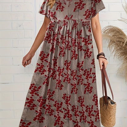 Polyester A-Line midi dress with floral print and drop shoulder sleeves, ideal for spring/summer/fall.