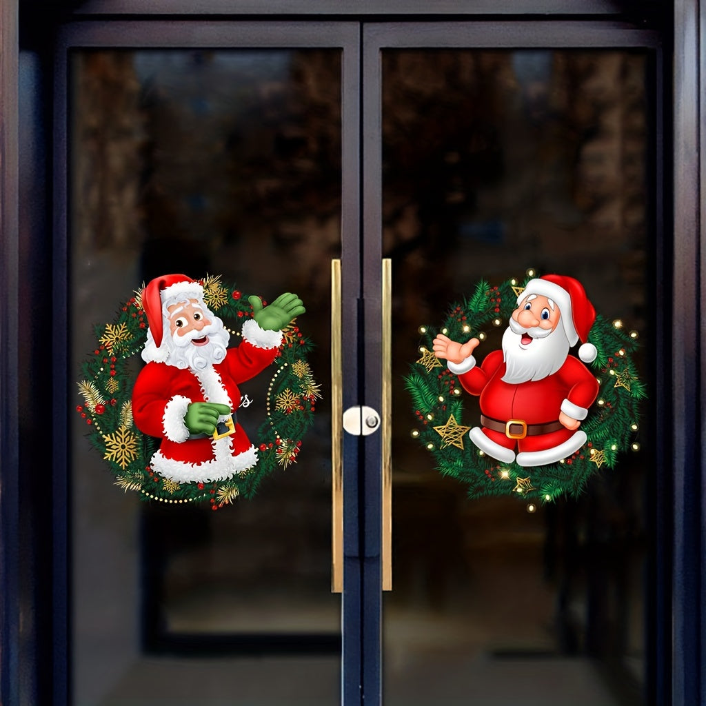 Two pieces of Christmas glass window stickers featuring Santa Claus patterns. These window clings are perfect for decorating bedrooms, living rooms, homes, shopping malls, and can be easily removed.