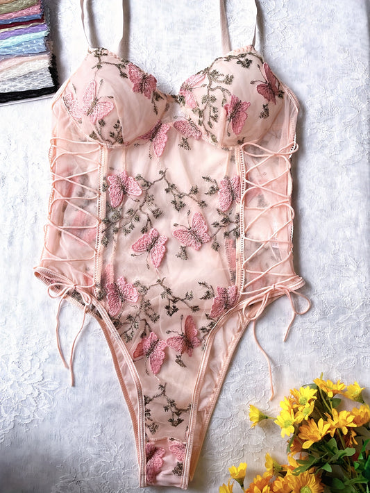 Strappy teddy and backless slip bodysuit with butterfly embroidery for women's sexy lingerie.