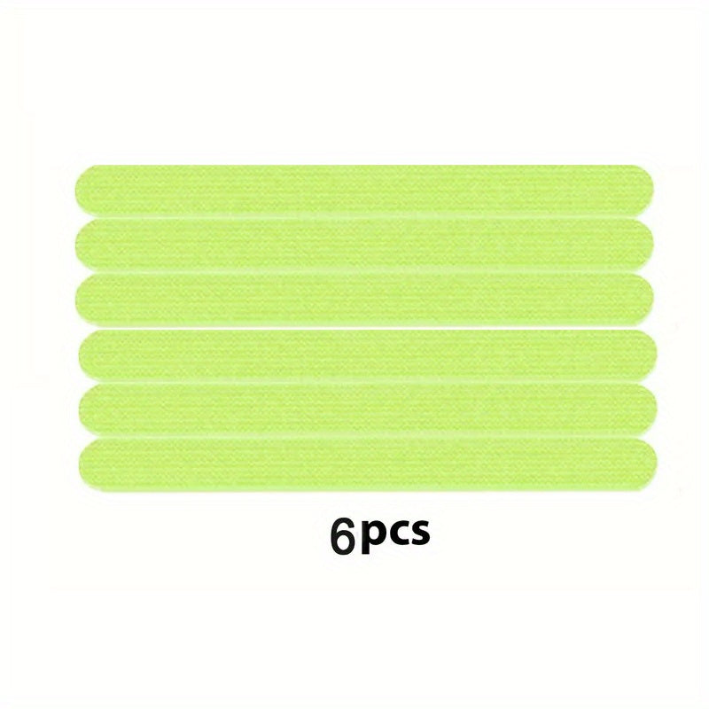 Six pieces of glow-in-the-dark waterproof and non-slip stickers with self-adhesive backing. These strips are perfect for ground steps and stairs, as well as bathroom bathtubs. They provide fluorescent anti-slip protection for added safety.