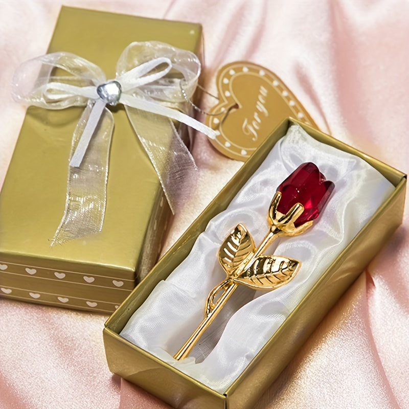 Valentine's Day gift: Crystal Glass Rose Flower in Mini Forever Red Golden Artificial Rose Box for Girlfriend, Wedding Guest, Cool Mom, Mother's Day, and Wedding favors.