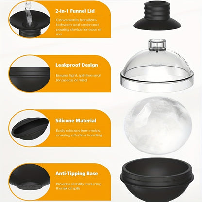 Large ice sphere molds made from silicone and polycarbonate with dual-function funnel lid for slow-melting ice balls. Perfect for bourbon and beverages at the bar.