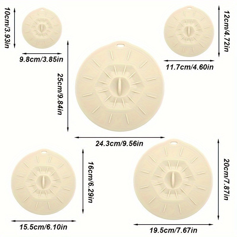 5 reusable silicone microwave lid covers in various sizes for bowls, cups, plates, pots, and pans. Can be used as microwave splatter covers, for stovetop, oven, fridge, and freezer. BPA free.