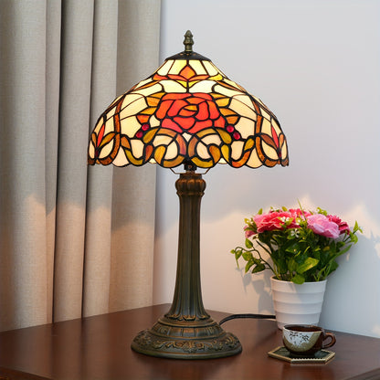 Handmade 12-inch glass desk lamp with green dragonfly pagoda shade and antique metal finish. Includes switch and 220-240V European plug. Perfect cozy bedside table lamp for various rooms in retro European countryside style. A creative gift idea.