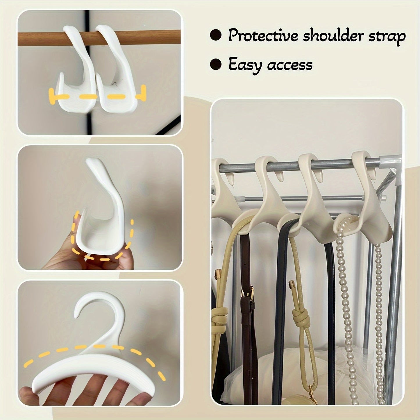 Save space in your wardrobe and home closet with this 12-Pack of Plastic Handbag Hangers. These multipurpose hangers are perfect for organizing purses, scarves, totes, and more in a casual style. Perfect for dorm rooms and small living spaces.