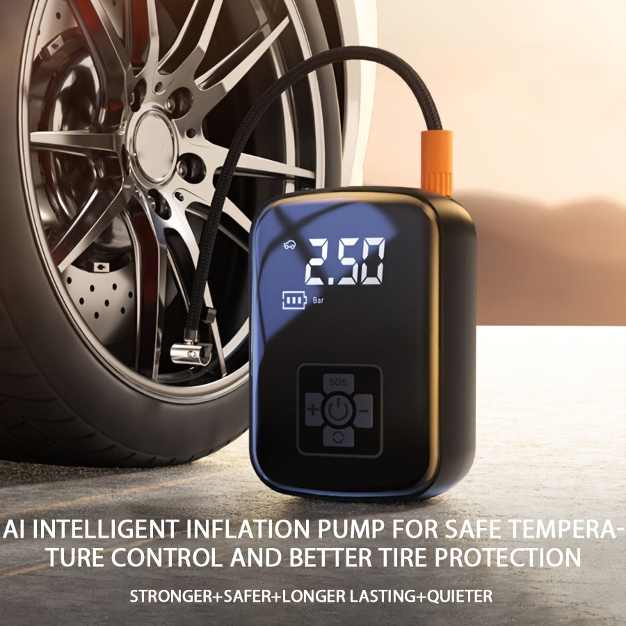 Portable air compressor pump with digital display, LED light, USB charging, rechargeable lithium battery. Suitable for tire inflation for car, bike, motorcycle, and ball. Features