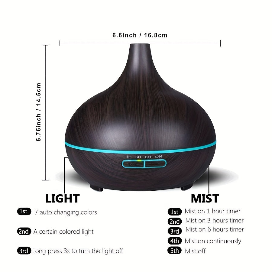 1pc USB charged 550ml wood color aroma diffuser with cool mist humidifier, 7 color LED light, waterless auto off feature, and super quiet operation. Great for home, office, or bedroom.