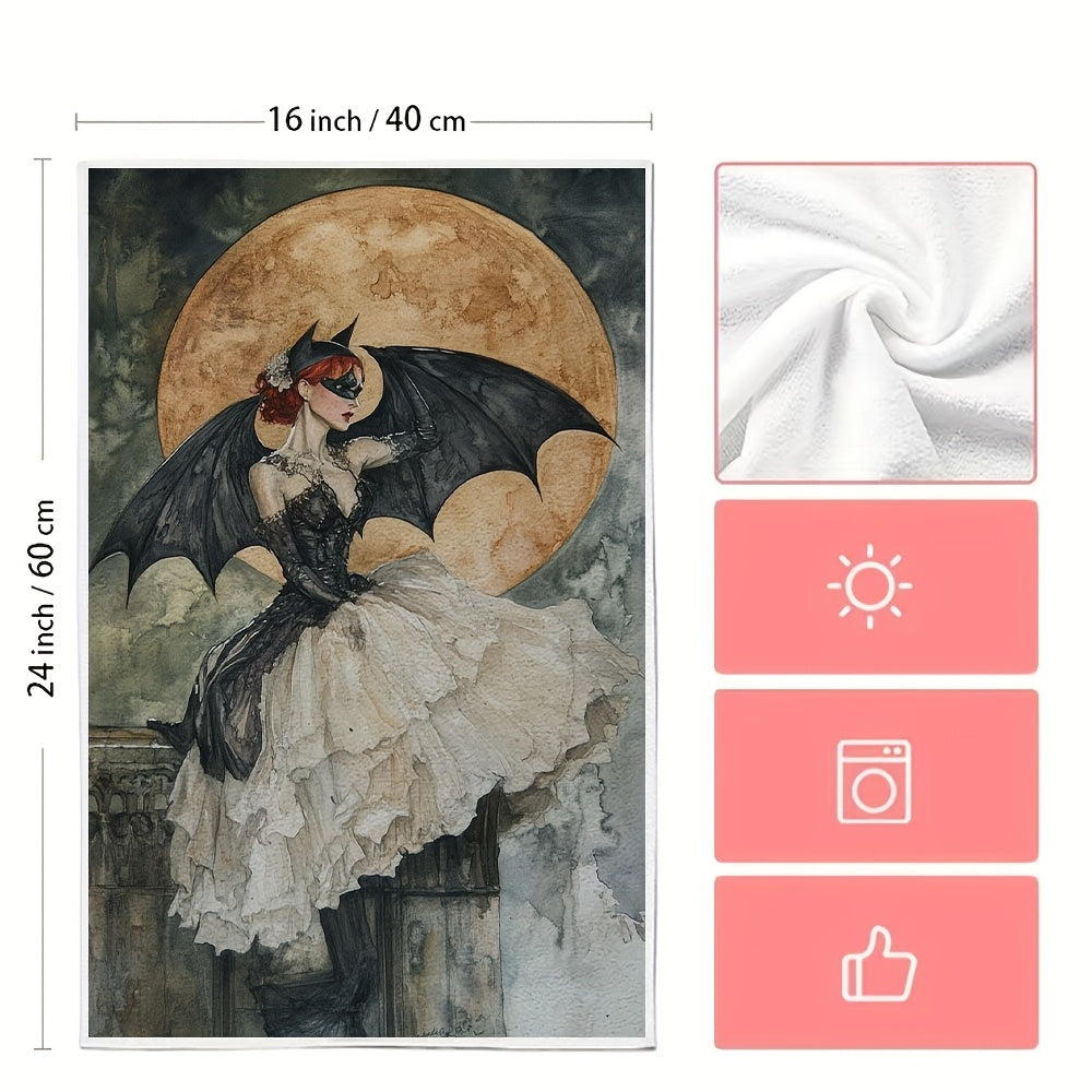 Two pieces of kitchen towels inspired by Albert Joseph Penot featuring a Bat Woman design. These ultra soft and highly absorbent polyester dish hand towels measure 40.64x60.96 cm and boast a gothic elegance design. They are machine washable and perfect