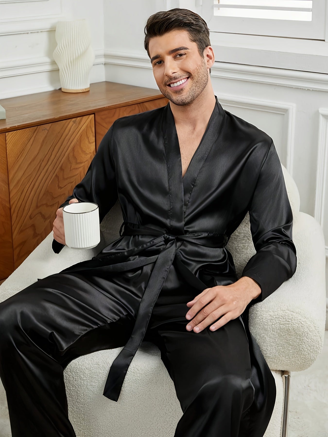 Solid color men's robe set with belt, V-neck, long sleeves, made of 95% polyester and 5% elastane. Features non-stretch woven fabric and pockets. Suitable for spring, summer, and fall.