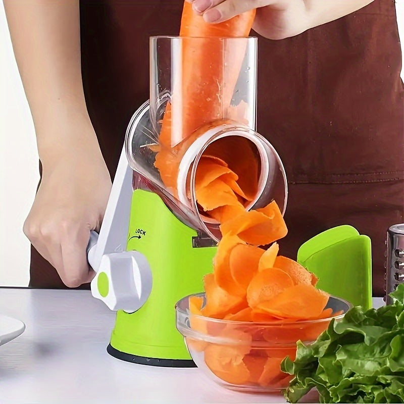 Three-in-one Manual Cheese Grater Set includes three interchangeable drums - Multipurpose Vegetable Slicer, Efficient Kitchen Tool, Sturdy Non-Slip Base, Simple to Clean, Made of Durable Plastic, Suitable for Potatoes, Fruits, and Various Ingredients.