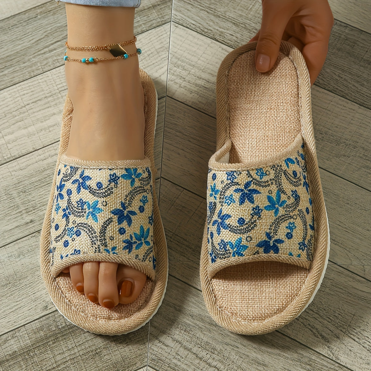 Floral print linen slippers with soft sole for indoor use, lightweight and breathable