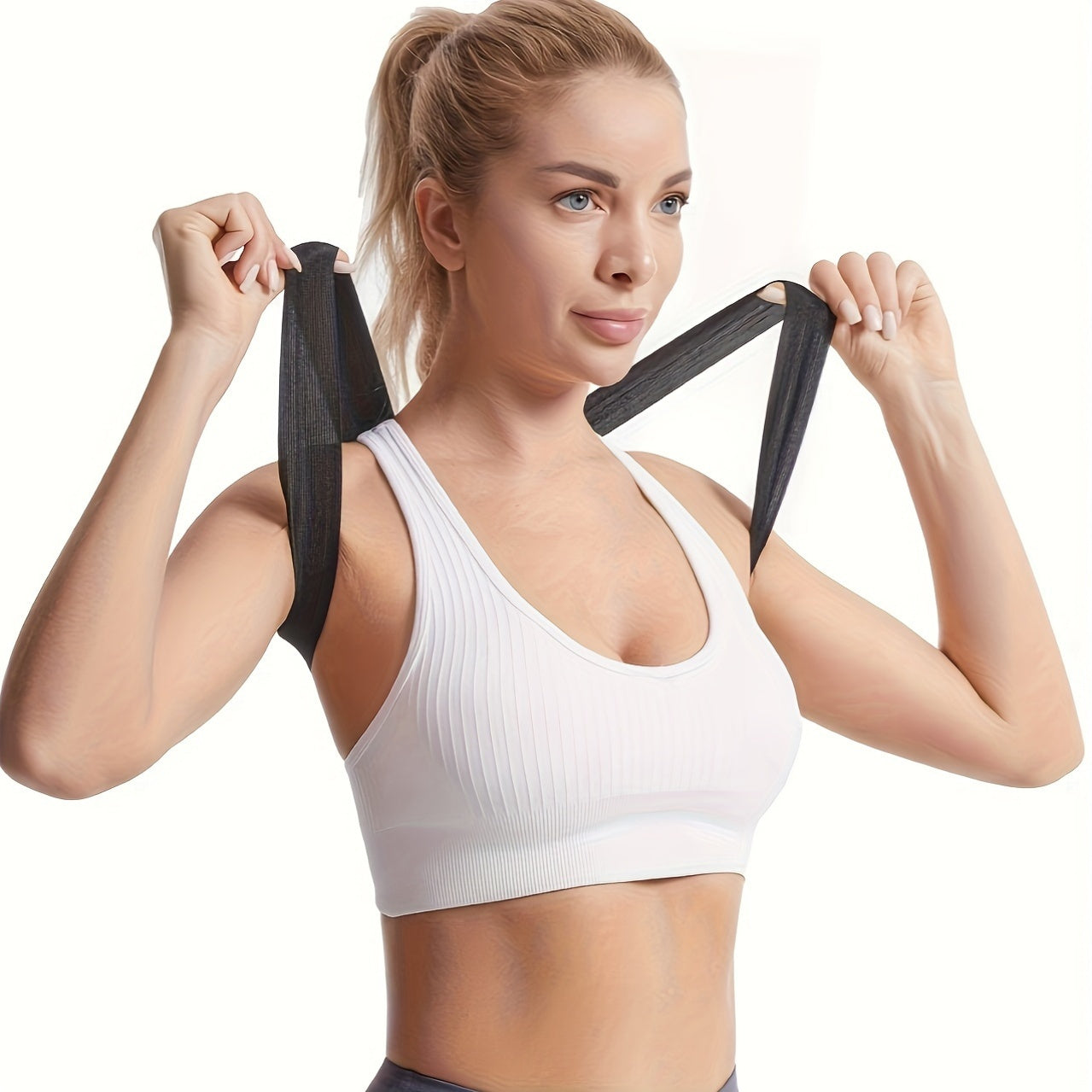 Gender-neutral invisible back support strap made of lightweight polyester and polyurethane blend. Solid color, comfortable for both men and women.