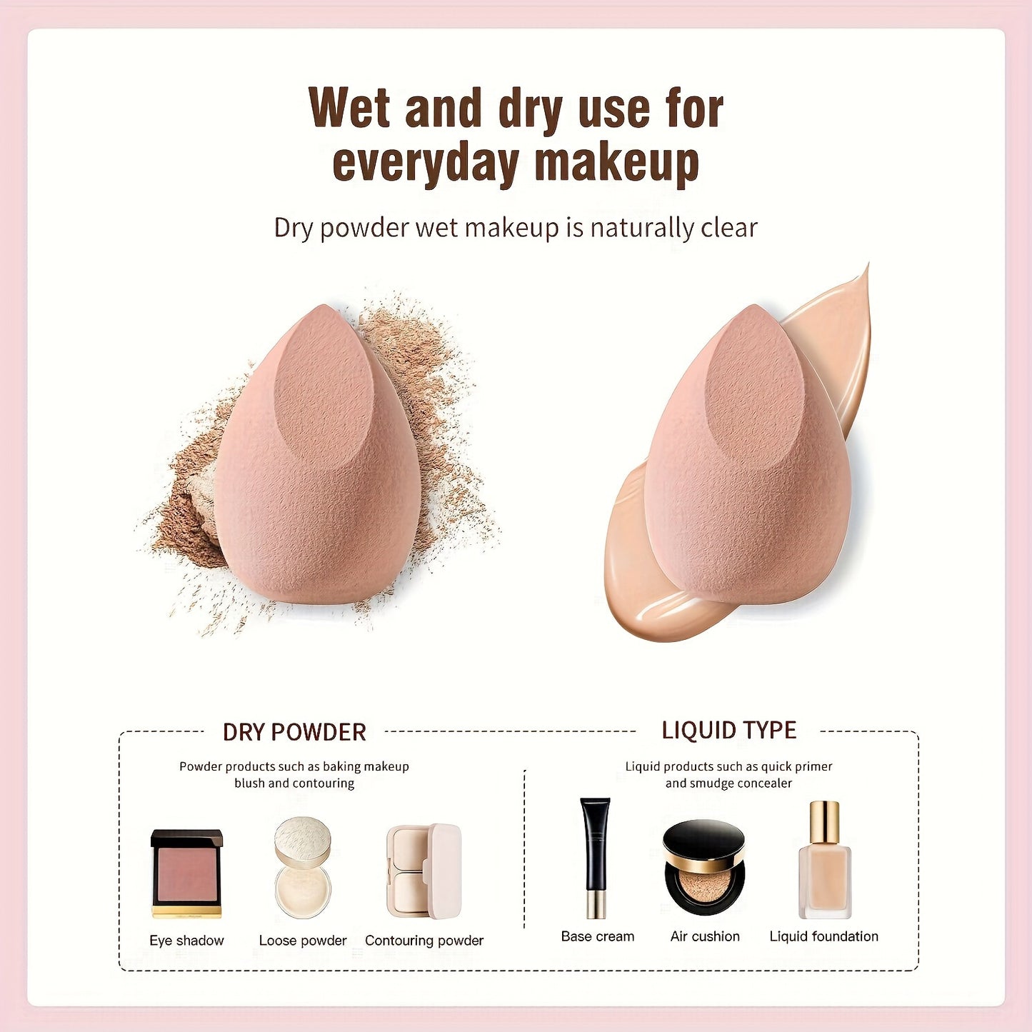 Set of 3 makeup sponges for dry and wet use, expanding egg-shaped cosmetic sponges for foundation and concealer application.