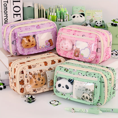 Panda cartoon pencil case with multi-layer organizer for pens, pencils and accessories. Stylish storage for boys and girls.