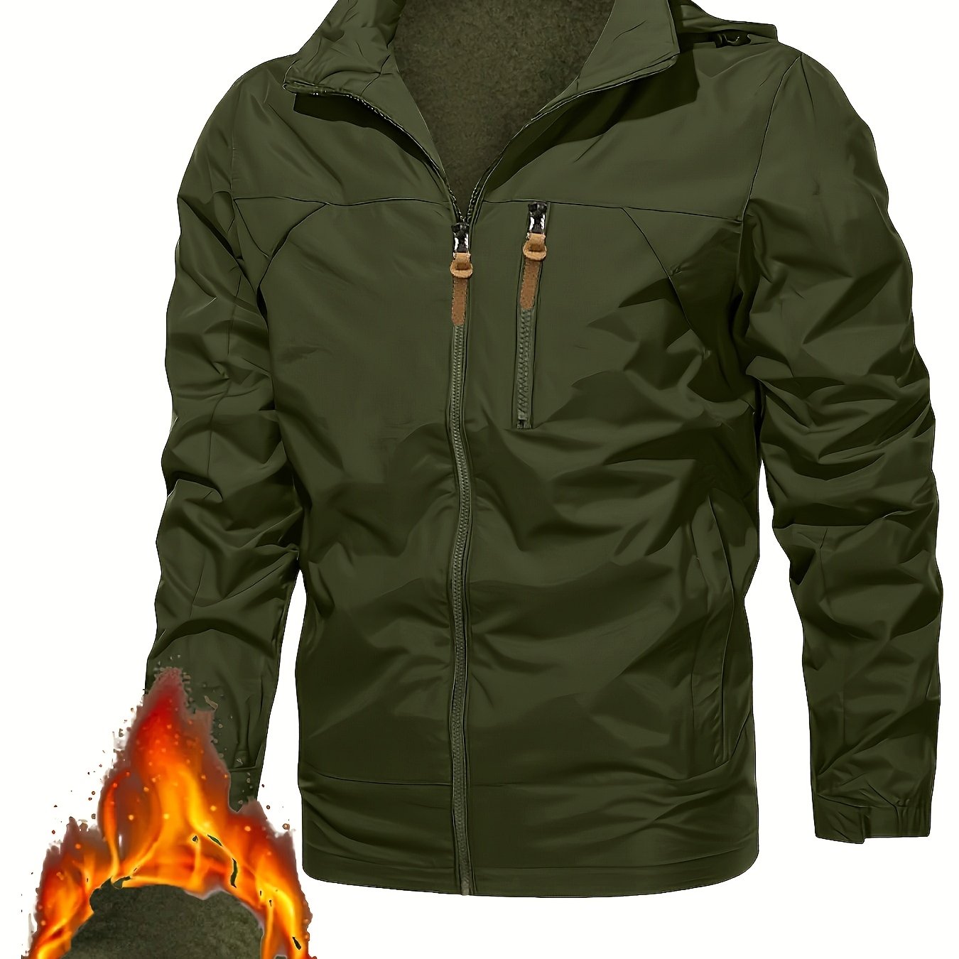 Men's casual varsity jacket with hood, zip-up, windproof, and warm, with pockets, for plus size fit