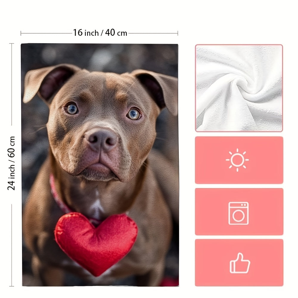 Set of 2 Ultra Soft Kitchen Towels featuring a Pitbull Valentine Design - Extremely Absorbent, Easy to Clean Dish Hand Towels, Adorned with Red Heart Detail, Measures 40.64x60.96 cm - Perfect for Holiday Decorating & Everyday Kitchen Use