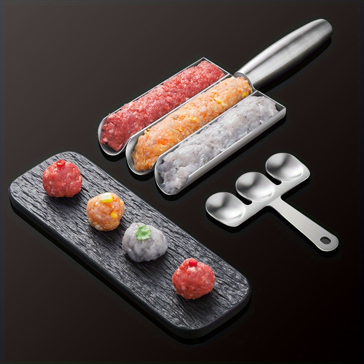 One set of Food-Safe Stainless Steel Meatball Maker: 4-in-1 Mold Tool for Quick and Easy Meatball Shaping in the Kitchen.