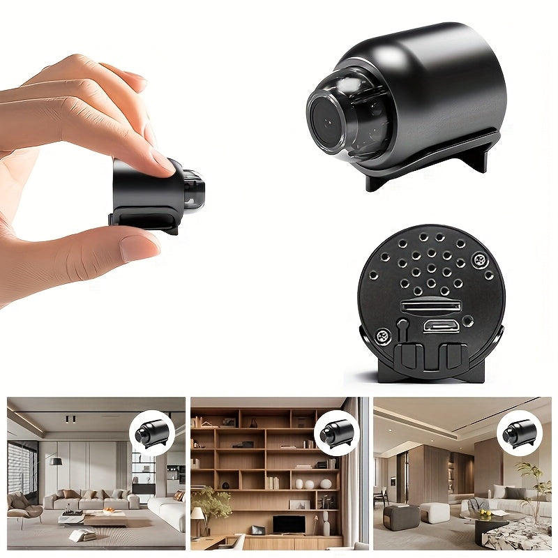 Compact WiFi mini camera with magnetic mount for easy installation. USB powered with wireless real-time video monitoring through app. Features motion detection for pet and home security.