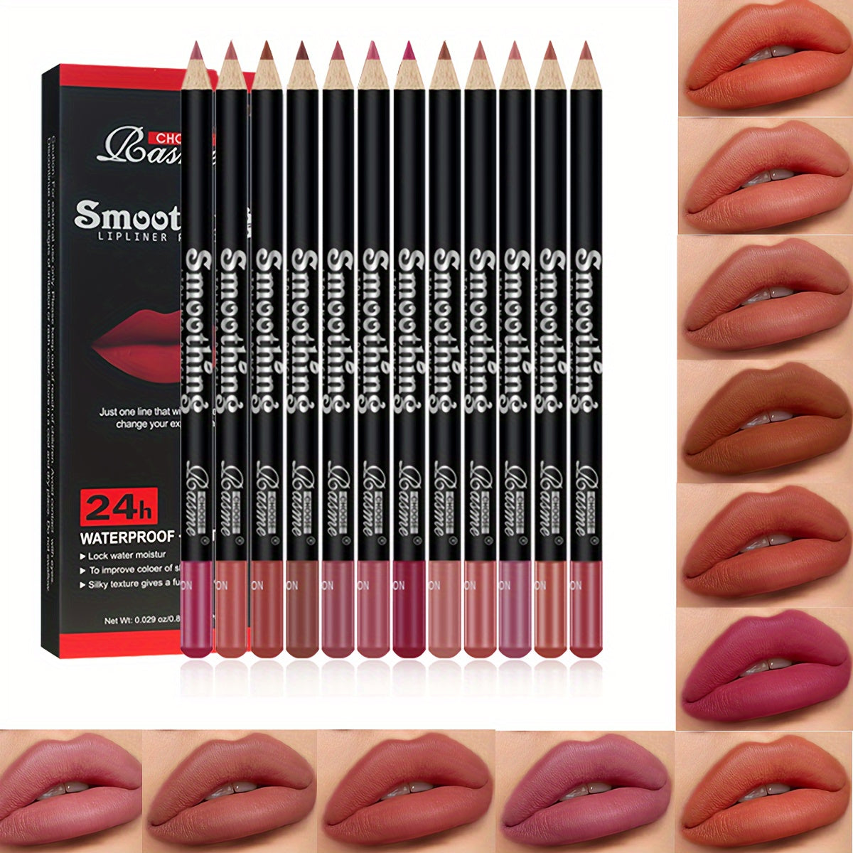 12-piece set of nude lip liners with long-lasting matte finish, non-fade formula, skin fit, and red shades.