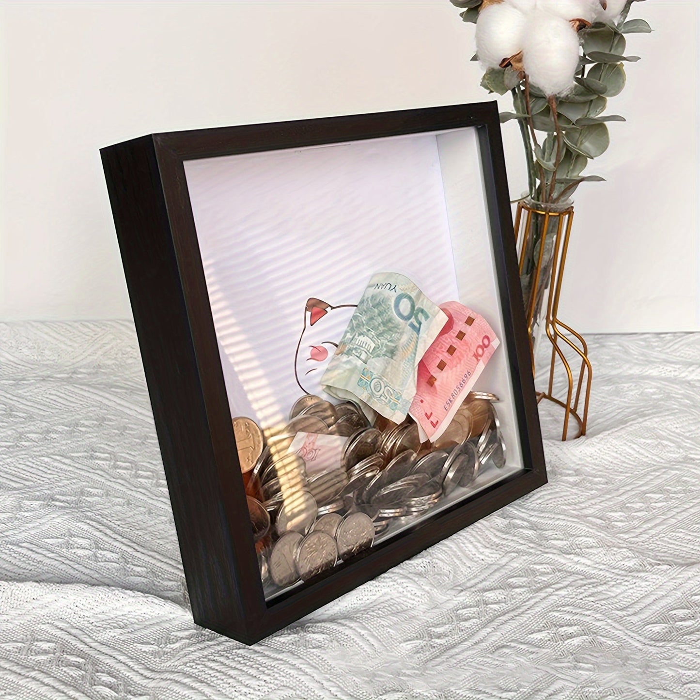 Personalised deep frame for occasions like weddings, christenings, birthdays, and money gifts, featuring a 3D picture frame and money box.