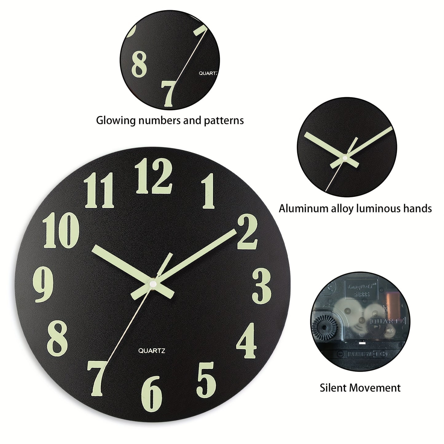 Black glow-in-the-dark wall clock with retro design and silent non-ticking mechanism. Features wooden frame, luminous green numbers for day and night display. Ideal for living room, bedroom, kitchen, or office decor. Batteries not included.